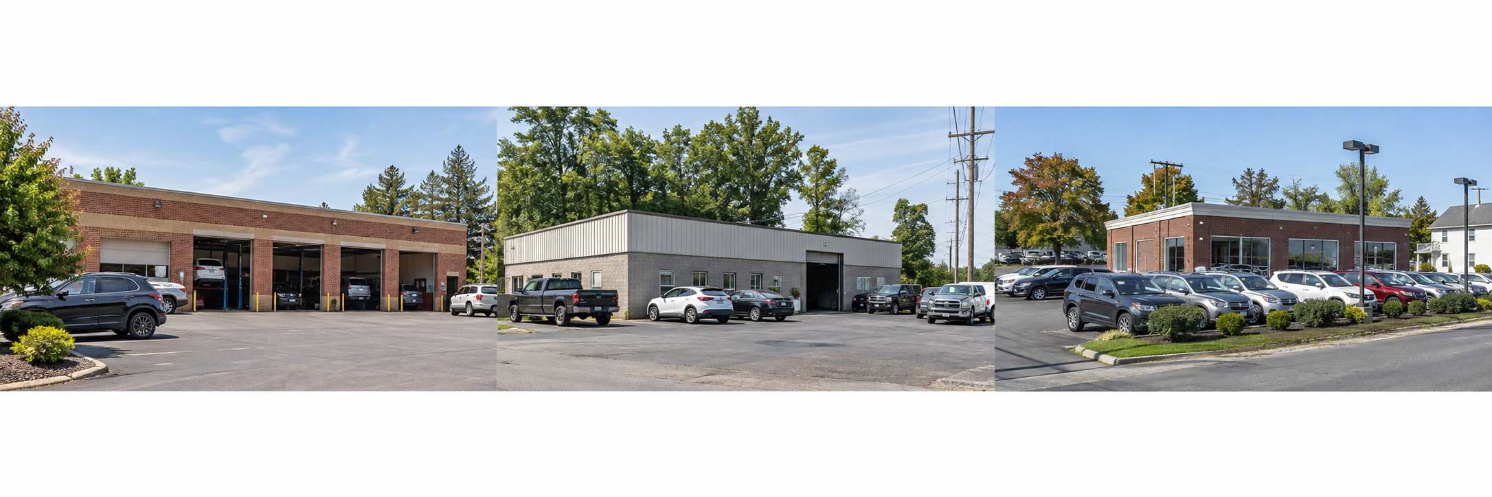 Illustrative brick service center with bays and parked cars in a Philadelphia suburban setting